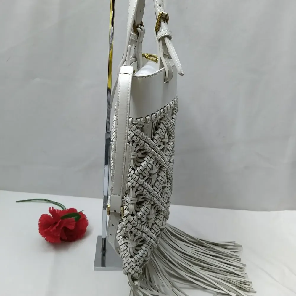 Tory Burch White Leather Woven Braided Macramé Fringe Limited Ed Crossbody Bag